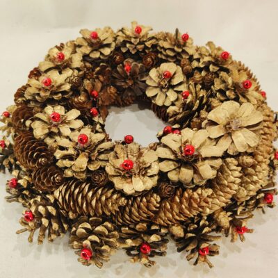 Adventes vainags, čiekuri un sarkanas pērlītes, zelts, D 21-22cm