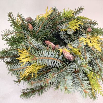 Serbijas egles zaru vainaga sagatave ar tūjas akcentiem, D 30 cm